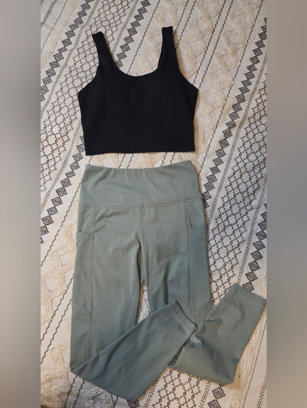 Yogalicious Lux Yoga Set: Black Crop Tank & Sage Pocket Leggings - Size S (9)